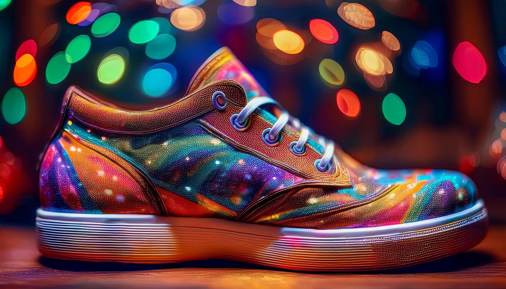 A gigantic pair of shoes, much bigger than usual, decorated with bright, bold colors and patterns, embodying exaggerated humor and playful fun. photo