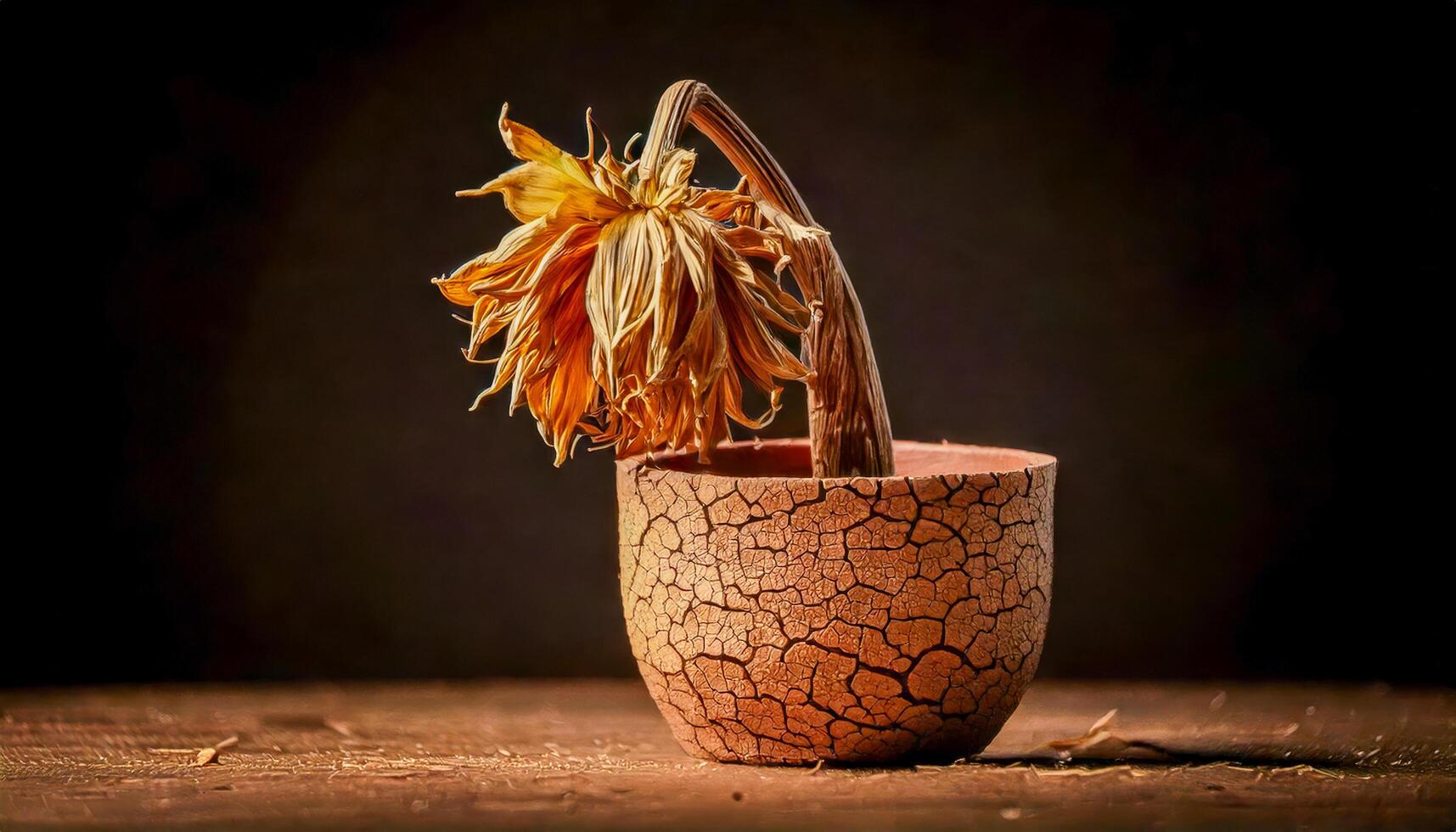 Wilted and drooping flower in a cracked pot resting on a wooden surface. Dark background with soft light highlighting the textures of the dying plant and the dry pot. photo