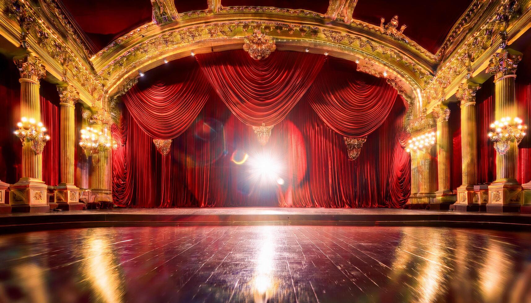 The velvet curtains part just enough to tease a golden shimmer from backstage. In the dim hush of the theater, mystery lingers. The spotlight sleeps, but the story waits to begin. photo