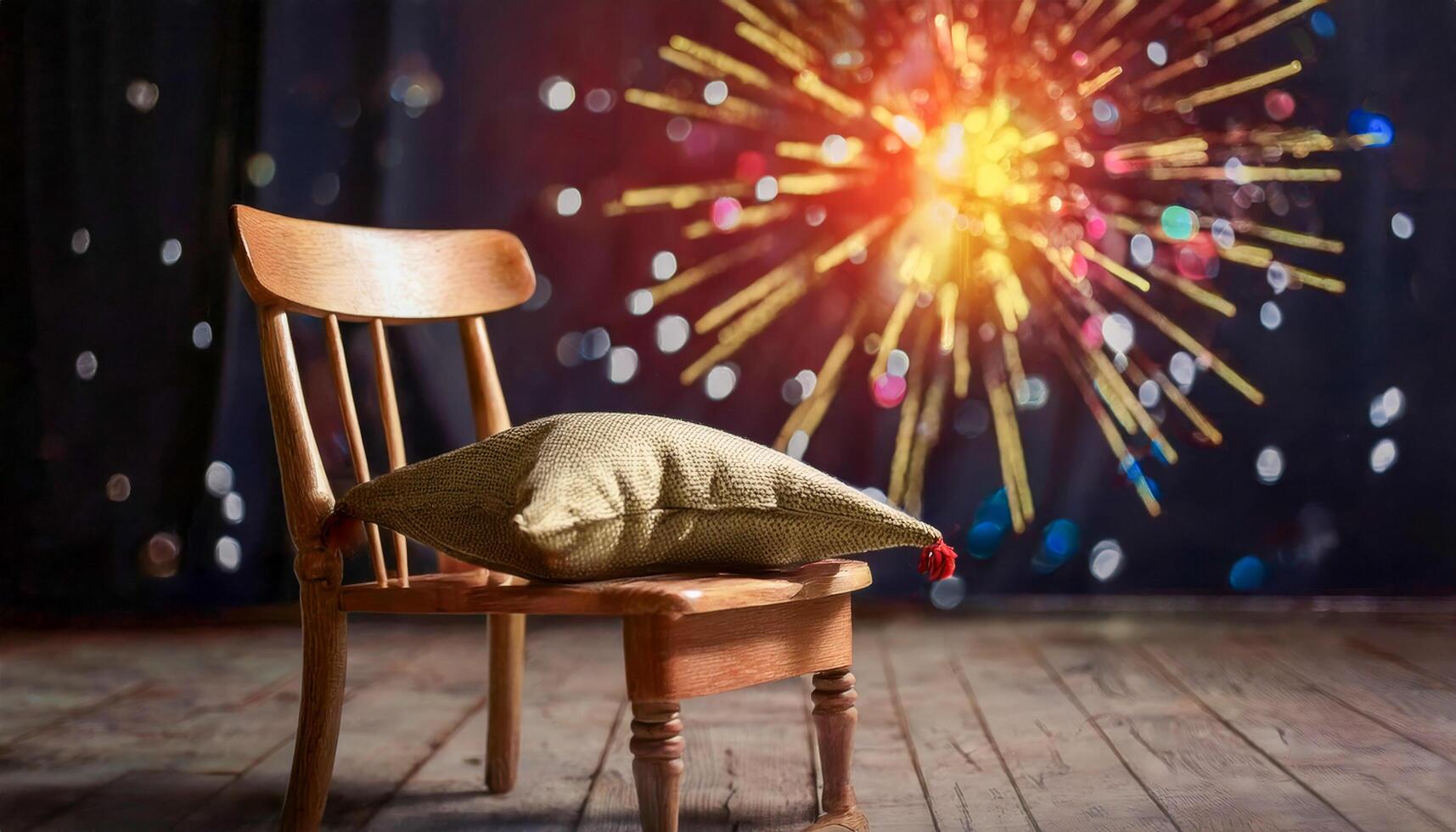A simple wooden chair with a burlap pillow resting on the seat, positioned against a dark backdrop illuminated by a vibrant burst of fireworks with streaks of light and bokeh effects photo