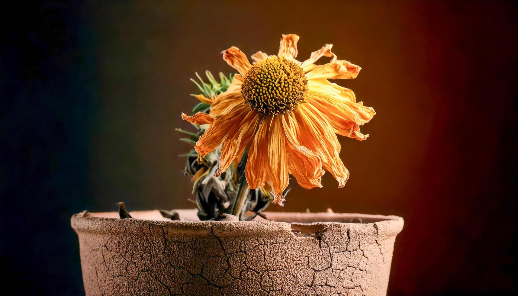 Wilted orange flower in a cracked pot, close-up view. Dark, moody background with subtle light highlighting the textures of the dried petals and the parched pot. photo