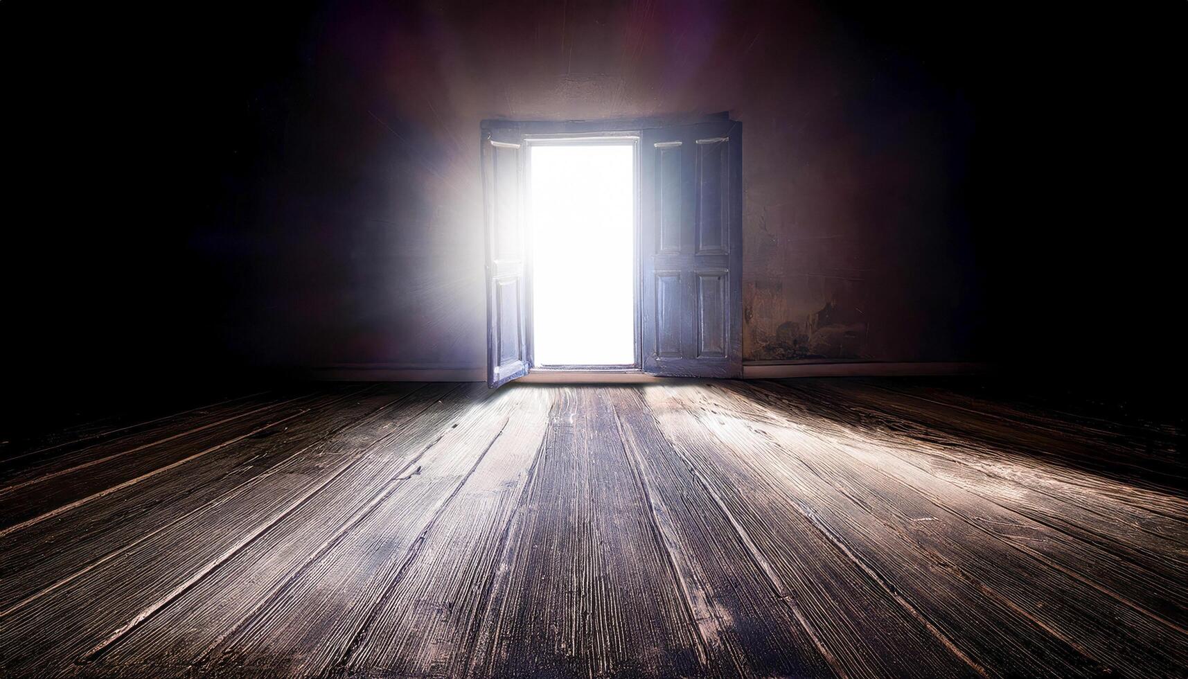A dark room with a single open window, where a beam of sunlight pierces through, symbolizing hope in depression. photo
