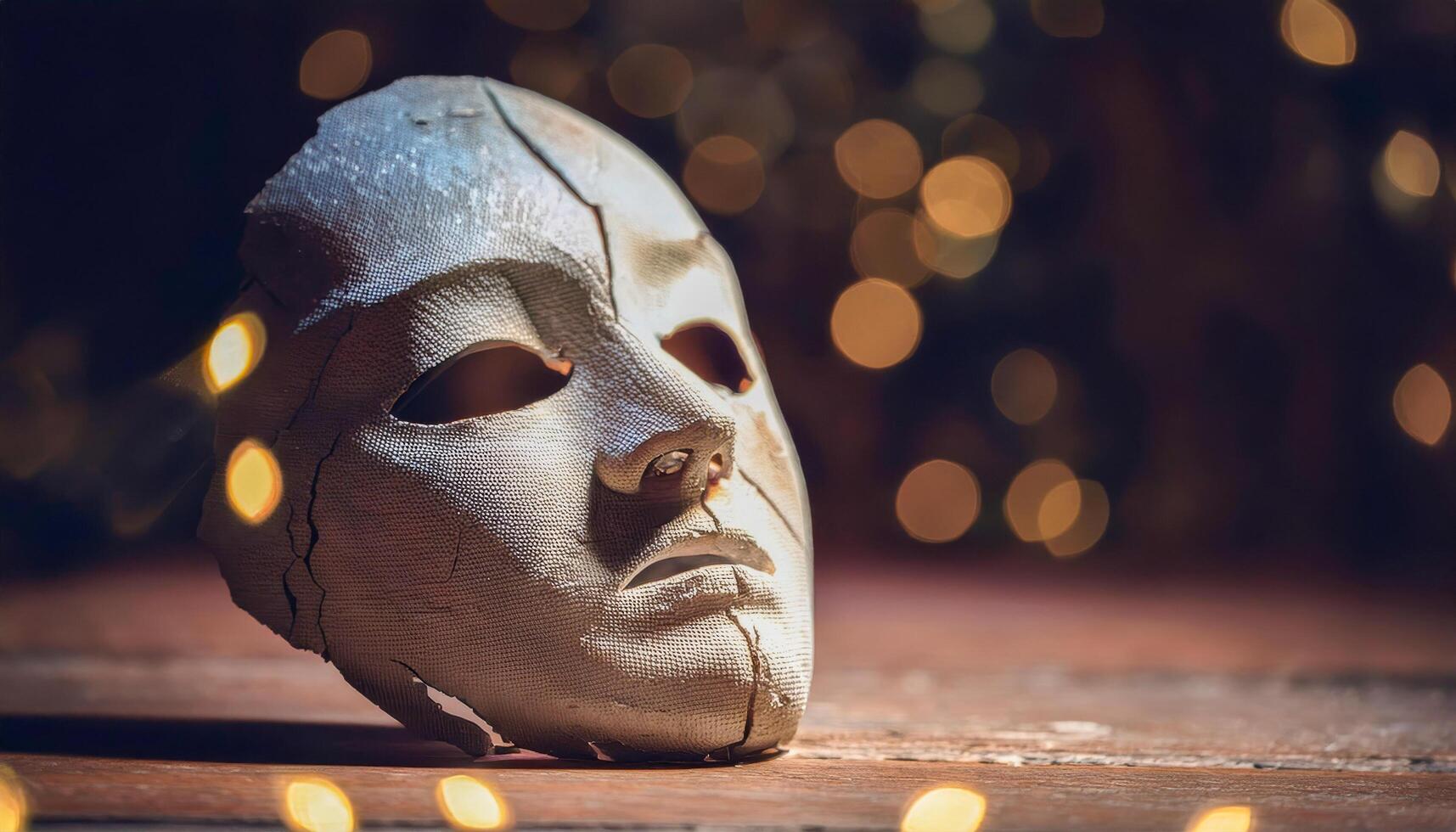 White, cracked phantom mask on a wooden surface, with blurred golden bokeh lights in the background. Evokes mystery and theatrical drama. A close-up of the iconic mask. photo