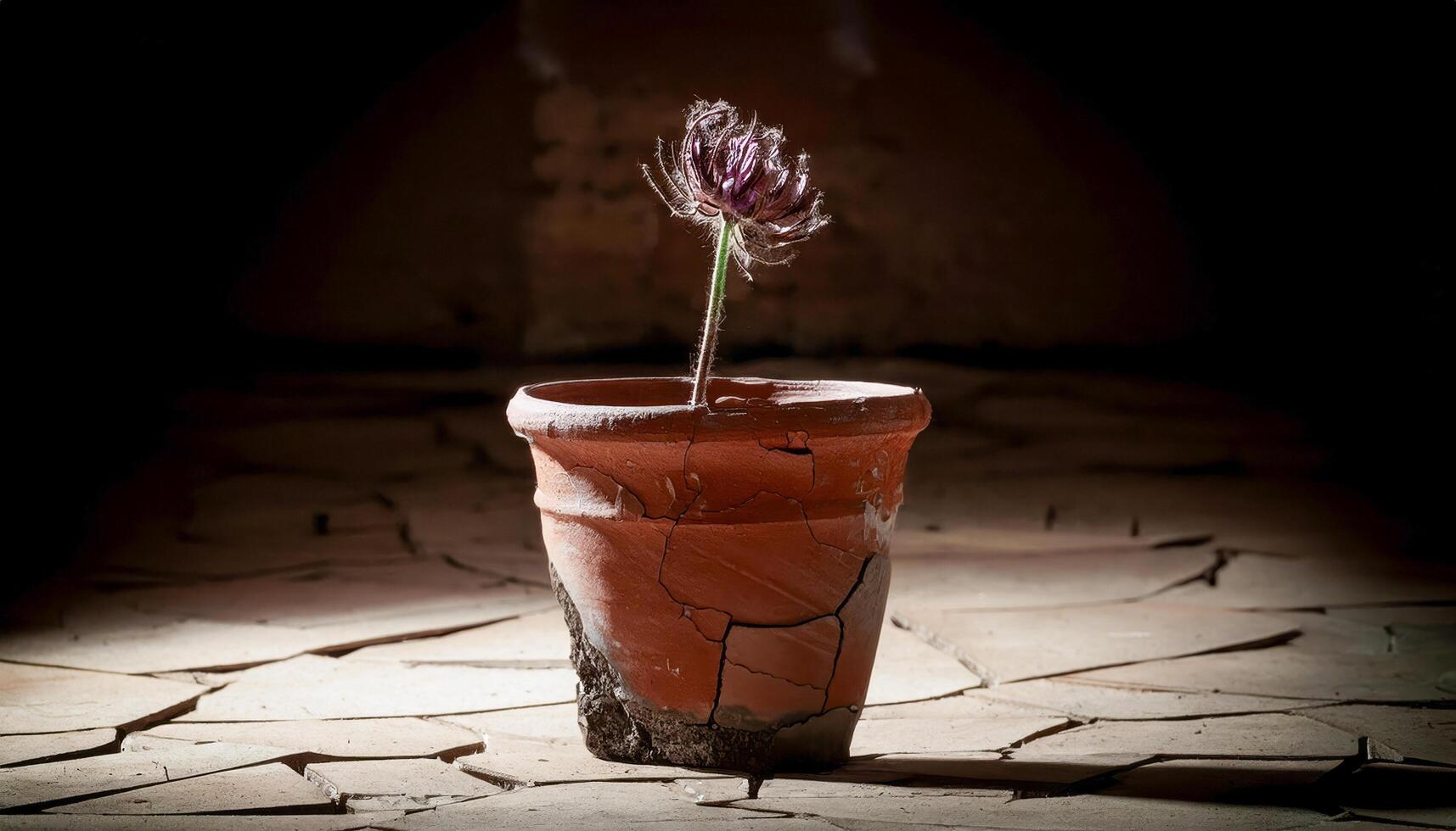 A wilted flower in a cracked, dry pot, representing the fragility of mental health and the need for care. photo