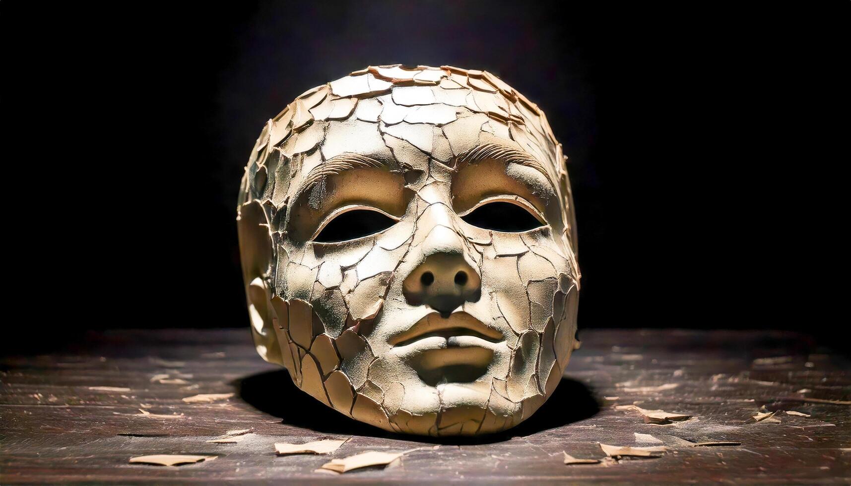 A cracked mask lying on a table, one side covered in darkness and the other illuminated by soft light, symbolizing hidden emotions. photo
