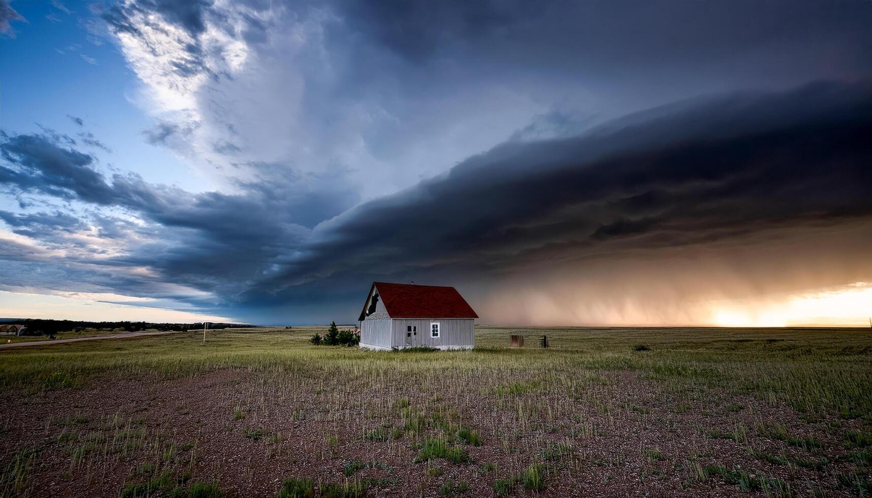 Small, isolated house in a vast field under a dramatic storm cloud with falling rain. Dark sky with hints of sunset or sunrise on the horizon. photo