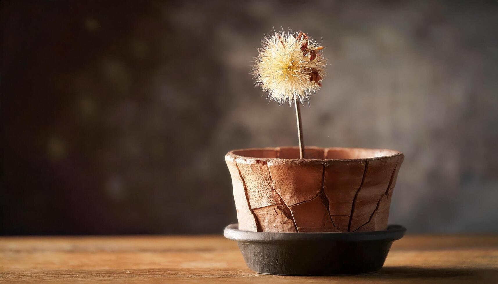 Dried dandelion seedhead in a cracked pot on a wooden surface. Soft light illuminates the delicate, faded seeds. A still life capturing the transience of life and the beauty of decay. photo