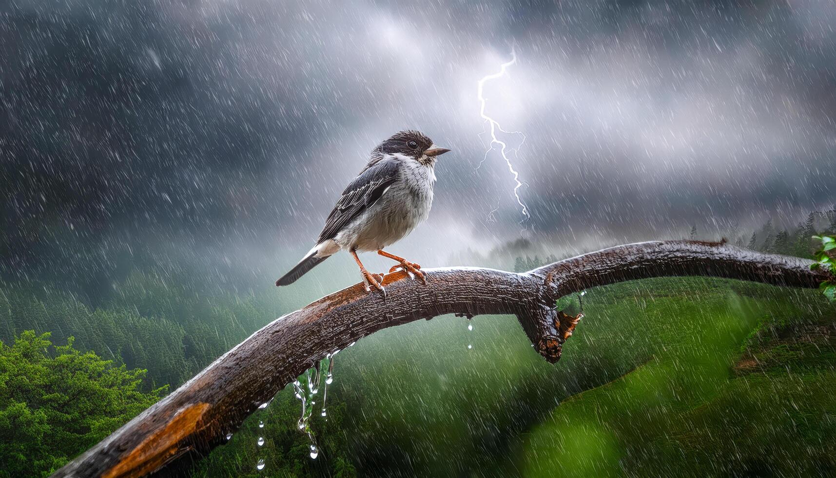 The wind screams, the forest bows, but one bird perches quietly, eyes open, breath steady. Its presence is a whisper of hope proof that even the smallest spirit can weather the storm. photo