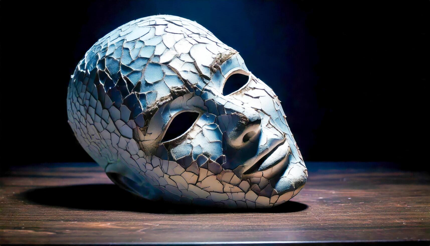 Silver and blue cracked mosaic theatrical mask resting on a wooden surface. Dark background with a spotlight highlighting the metallic sheen and intricate textures. photo