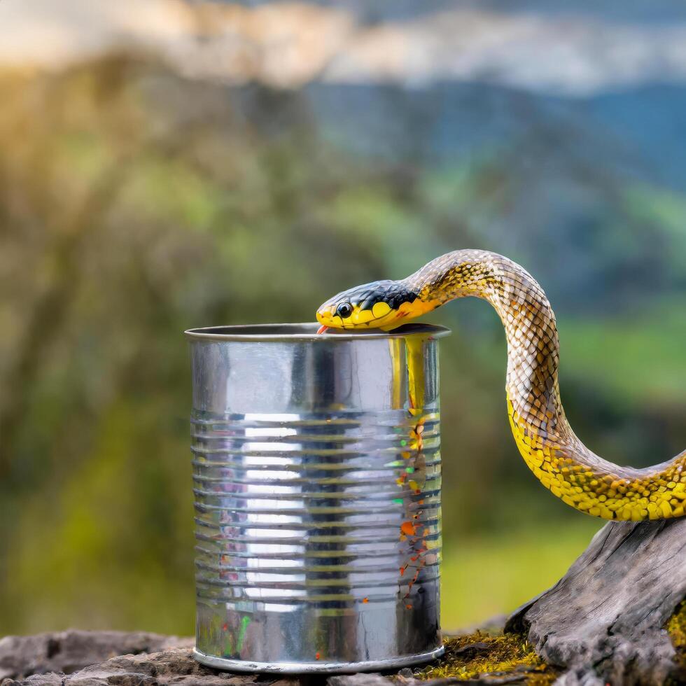 A yellow and black snake with its tongue flicking out, curiously peering into a shiny metal can resting on a weathered wooden log outdoors, with a blurred natural landscape photo