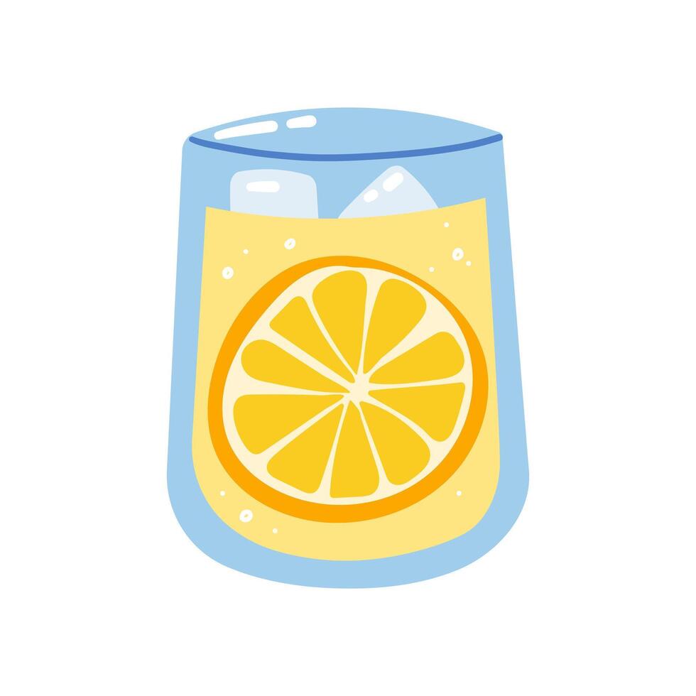 Glass of lemonade with a lemon half slice and a stripped straw. Summer drink. Refreshing beverage. Isolated flat illustration. vector