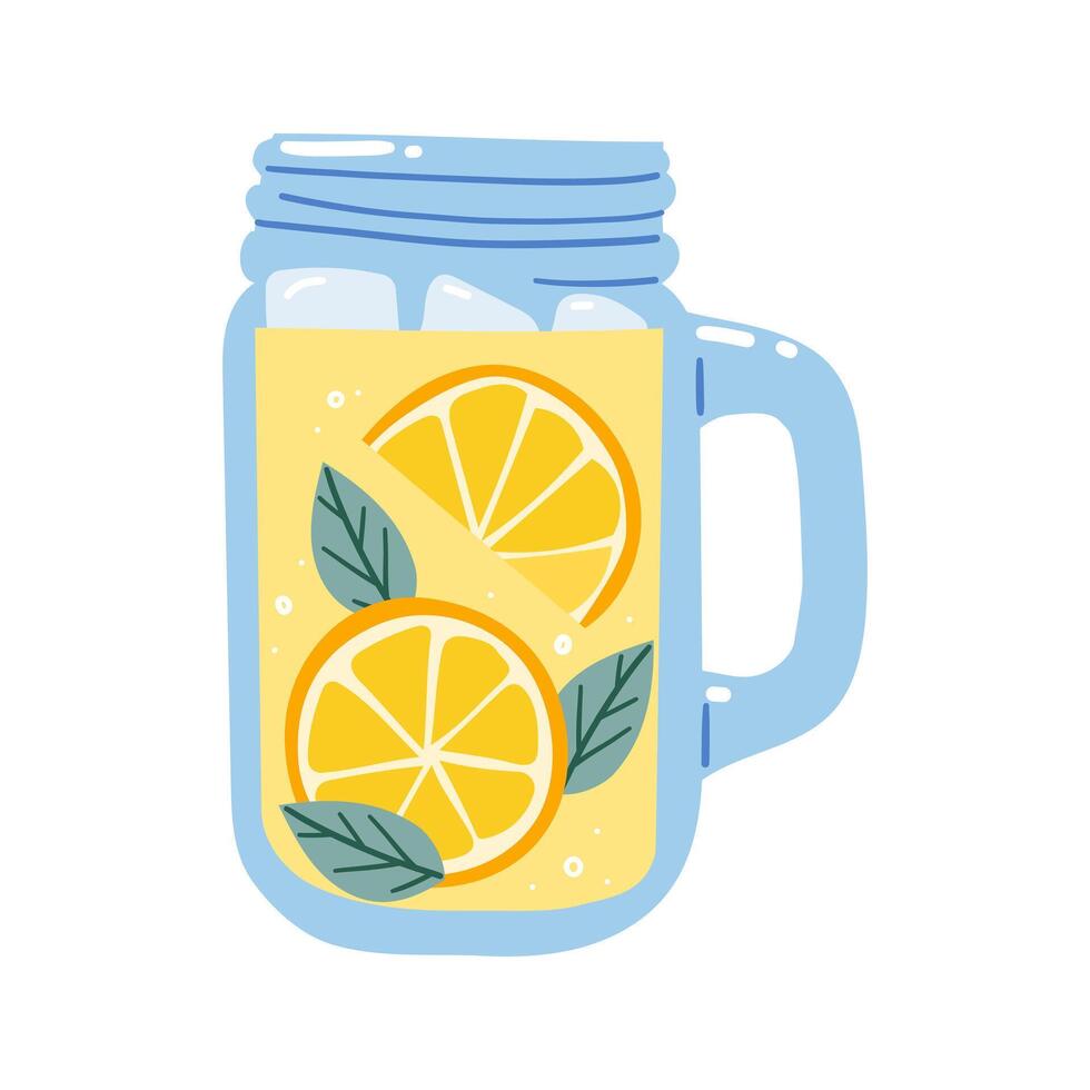 Glass of lemonade with a lemon half slice and a stripped straw. Summer drink. Refreshing beverage. Isolated flat hand drawn illustration. vector