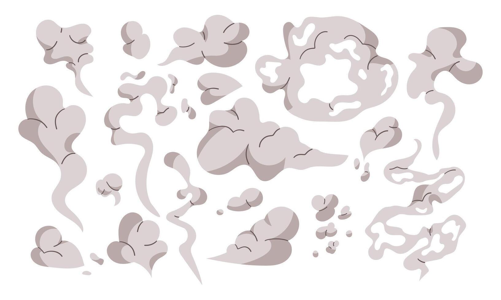 Set of Smoke cloud comic set. Comic smoke flows, dust, smog and smoke steaming cloud silhouettes hand drawn illustration isolate on white . vector