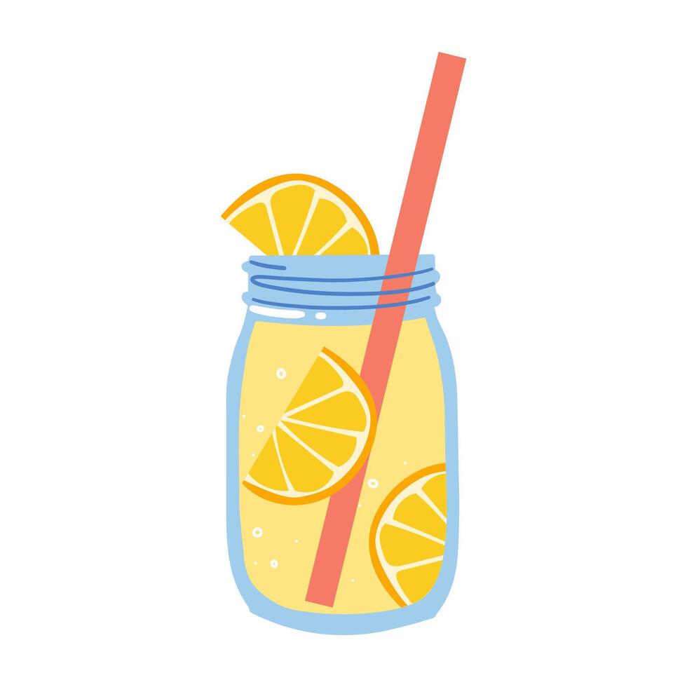 Glass of lemonade with a lemon half slice and a stripped straw. Summer drink. Refreshing beverage. Isolated illustration. vector