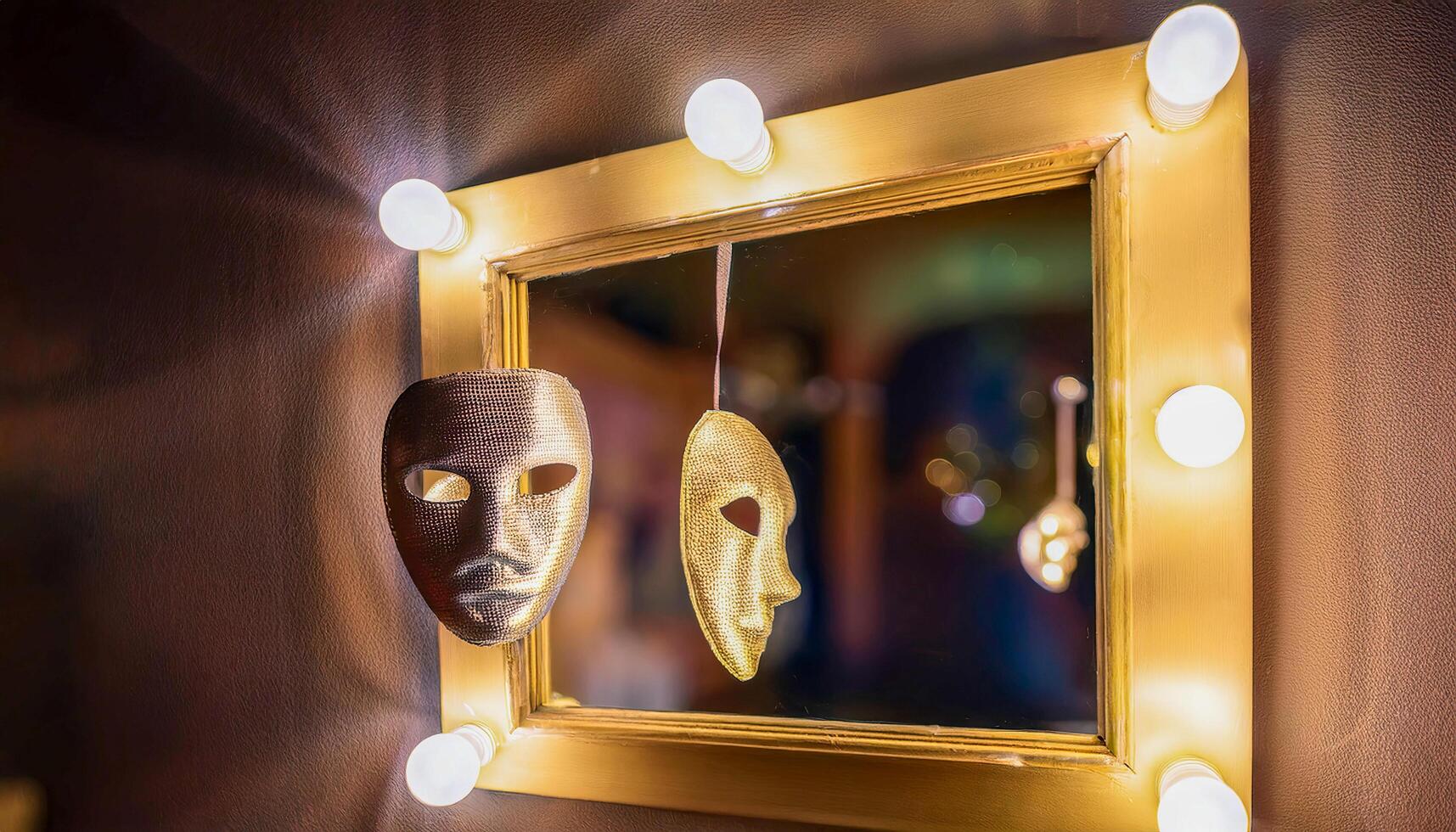 Two metallic theatrical masks, one silver and one gold, hanging in front of a mirror framed with bright lights in a dressing room. Reflections of other masks visible. photo