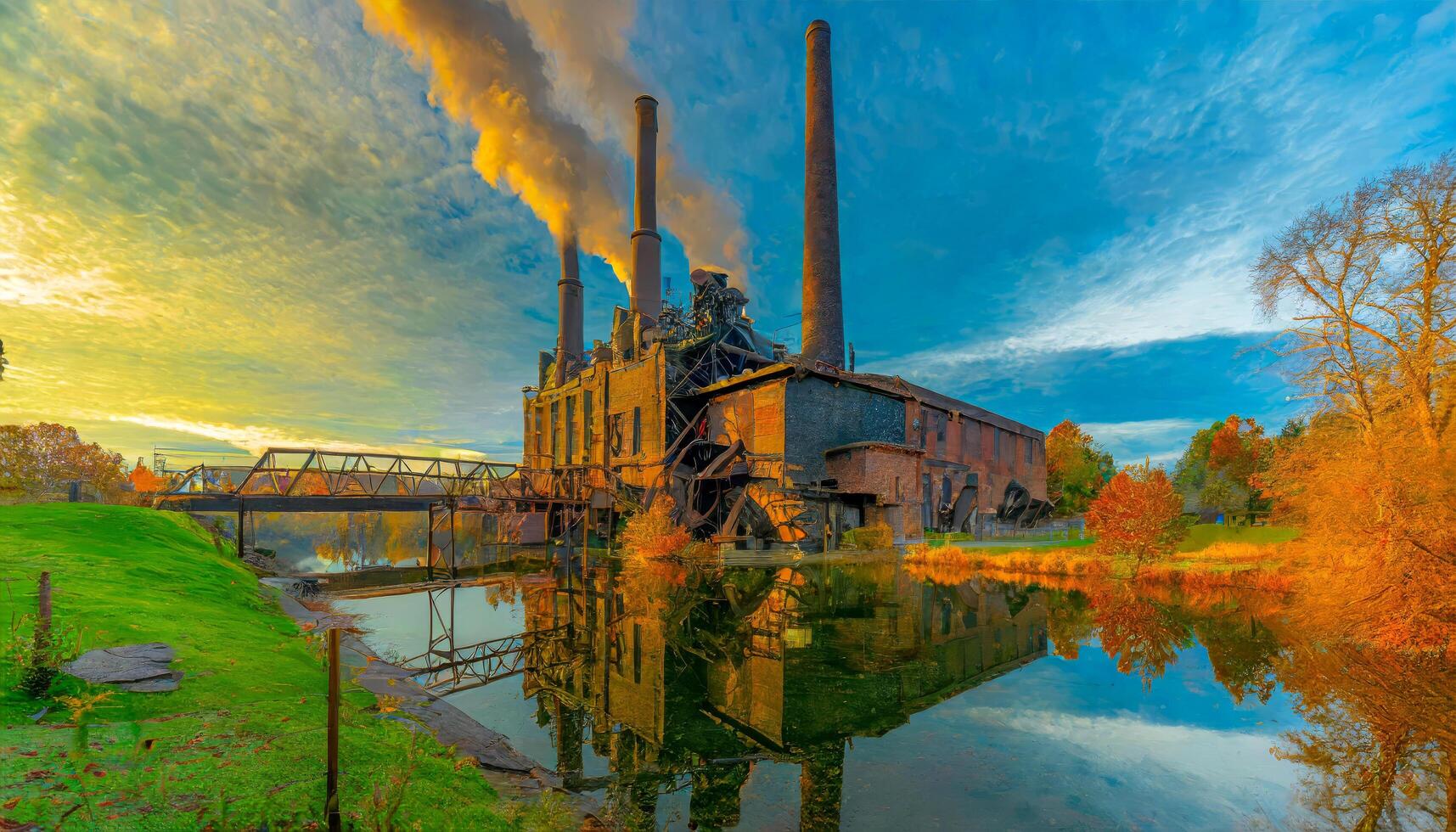 A vintage brick factory with tall smokestacks and exposed gears, symbolizing the era of industrial labor and the birth of worker solidarity. photo