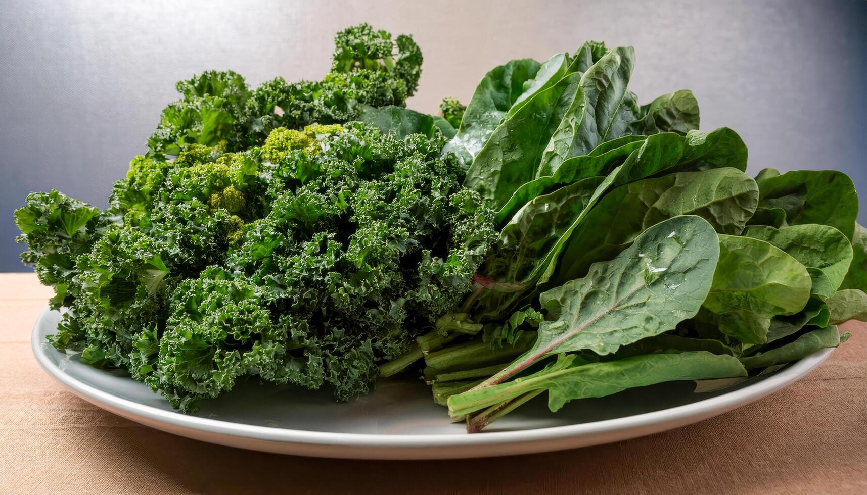 A white plate featuring a generous portion of fresh, vibrant green curly kale alongside a bunch of smooth spinach leaves, highlighting the contrast in their textures. photo