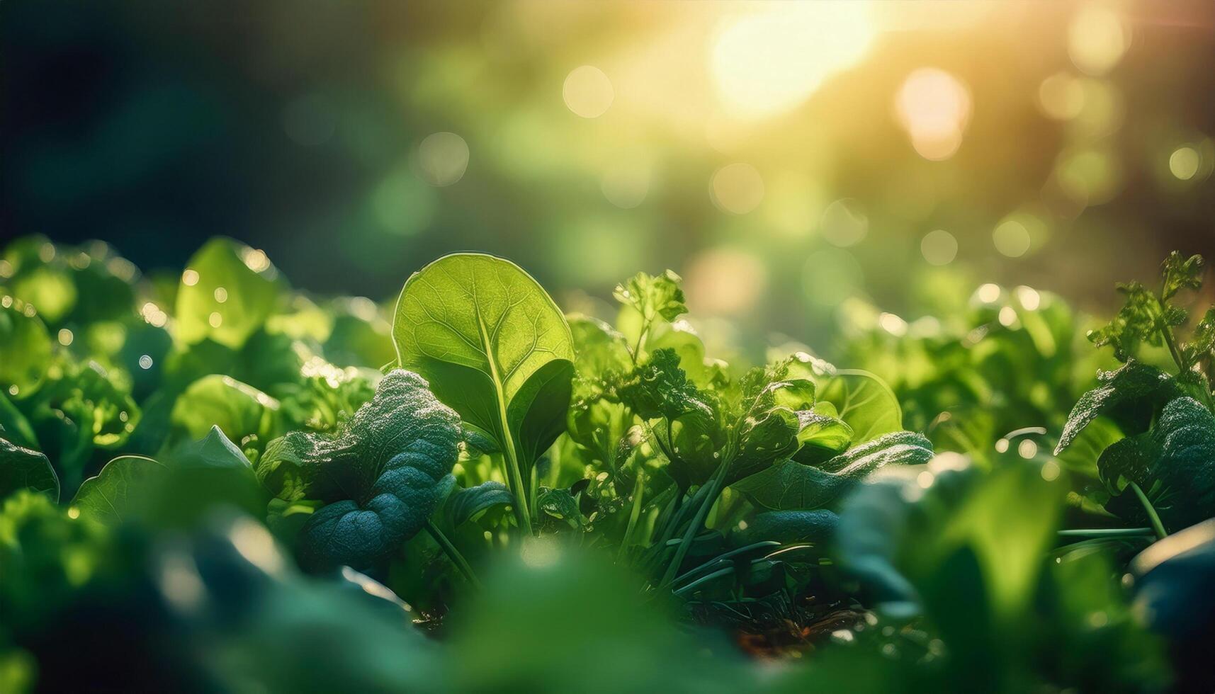 A lush green field of spinach, kale, and herbs, symbolizing fresh, plant-based nutrition directly from nature. photo