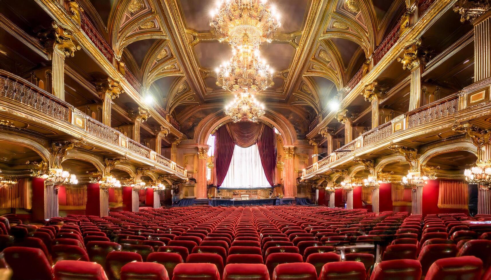 A grand, empty opera house with intricate chandeliers, ornate balconies, and plush red seats. photo