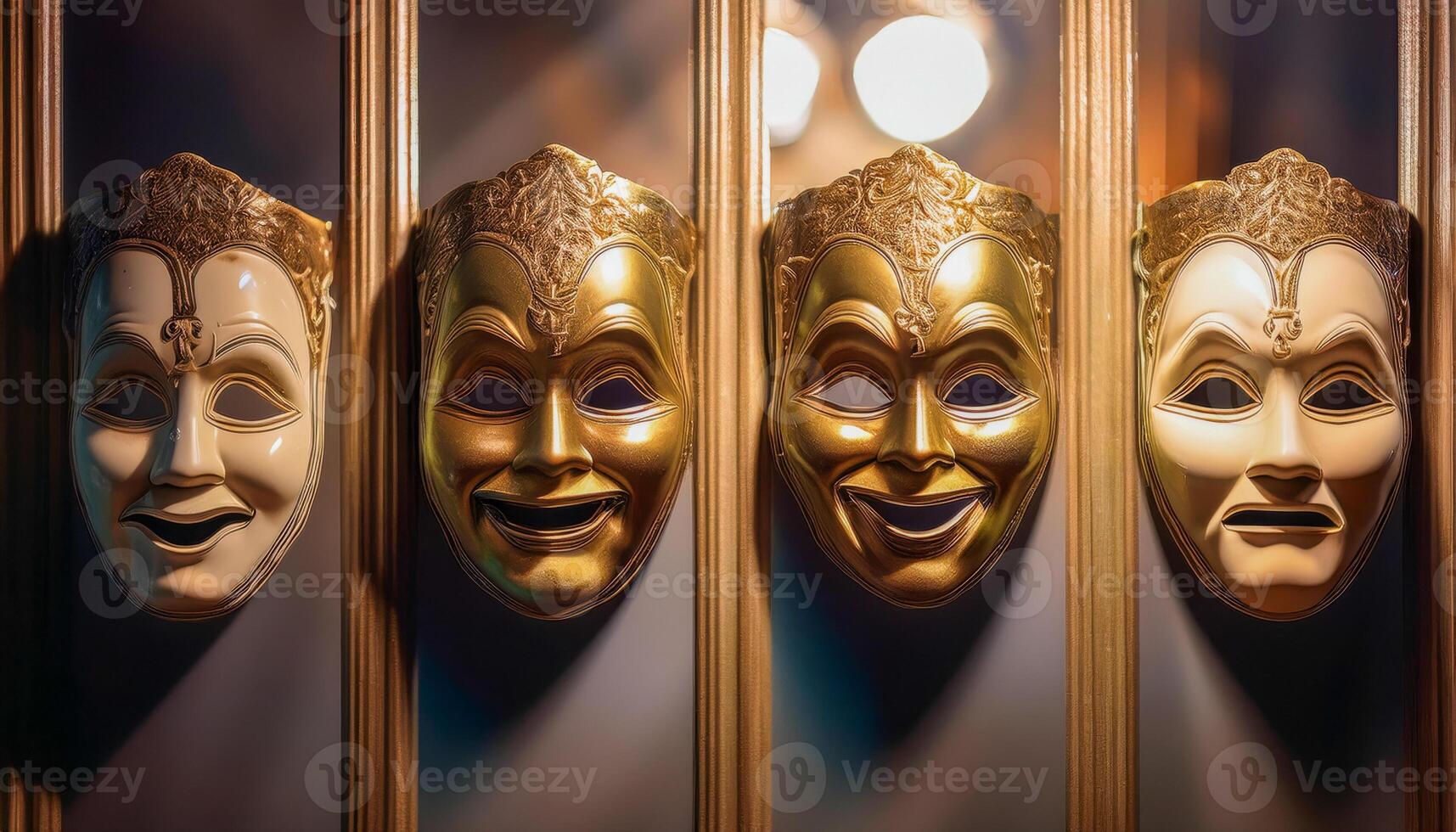 Four ornate theatrical masks hanging on a wall, depicting expressions of comedy and tragedy, in gold and white. Reflective surface. photo