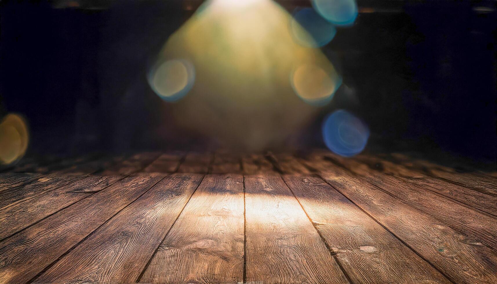 Empty wooden stage floor illuminated by a bright spotlight from above, with blurred bokeh lights in the dark background and a light leak effect. Evokes anticipation and the potential for performance. photo