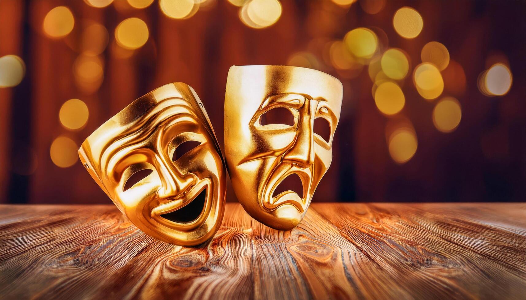 A pair of golden comedy and tragedy masks lying on a wooden stage, reflecting the essence of theatrical emotion. photo