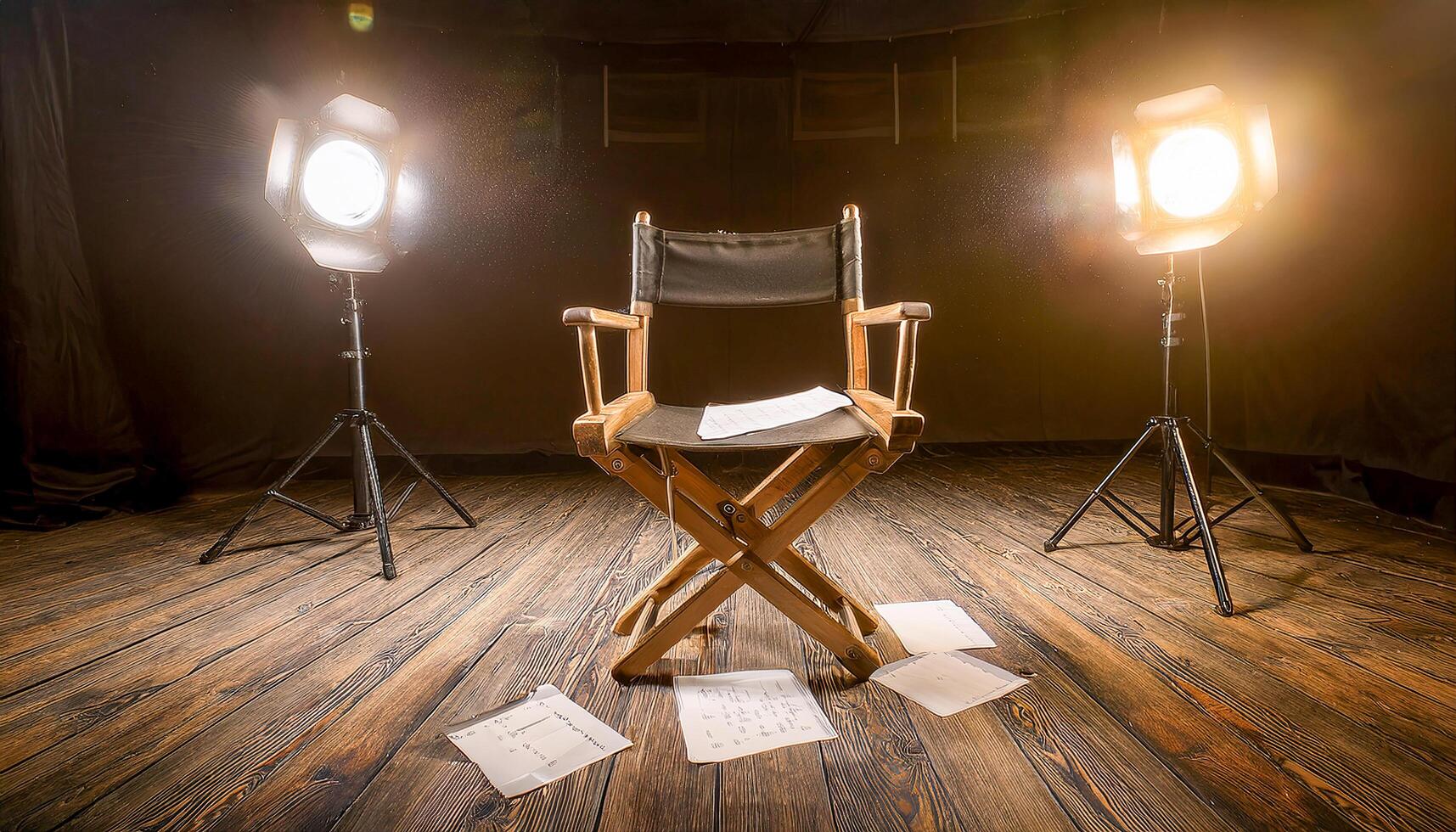 Empty directors chair on a wooden floor, surrounded by scattered script pages and illuminated by two bright spotlights. Dark background. photo