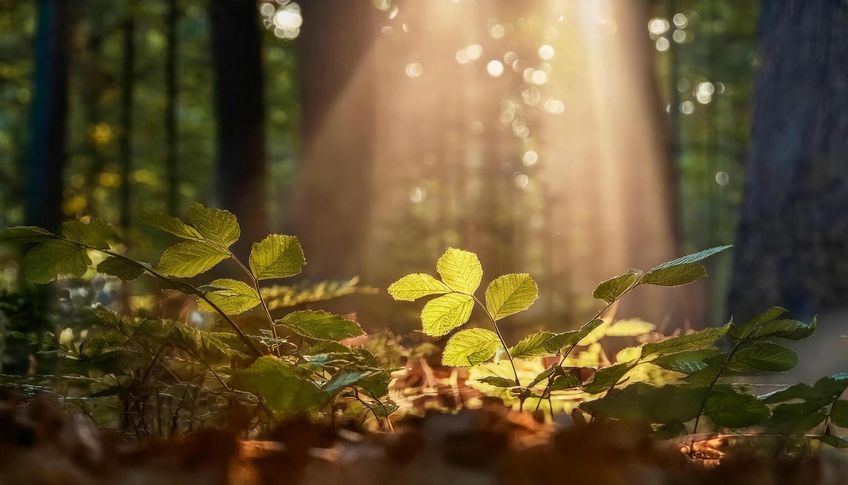 A close-up of sunbeams filtering through leaves in a forest, creating a warm, golden glow on the forest floor, symbolizing the connection between the sun and nature. photo