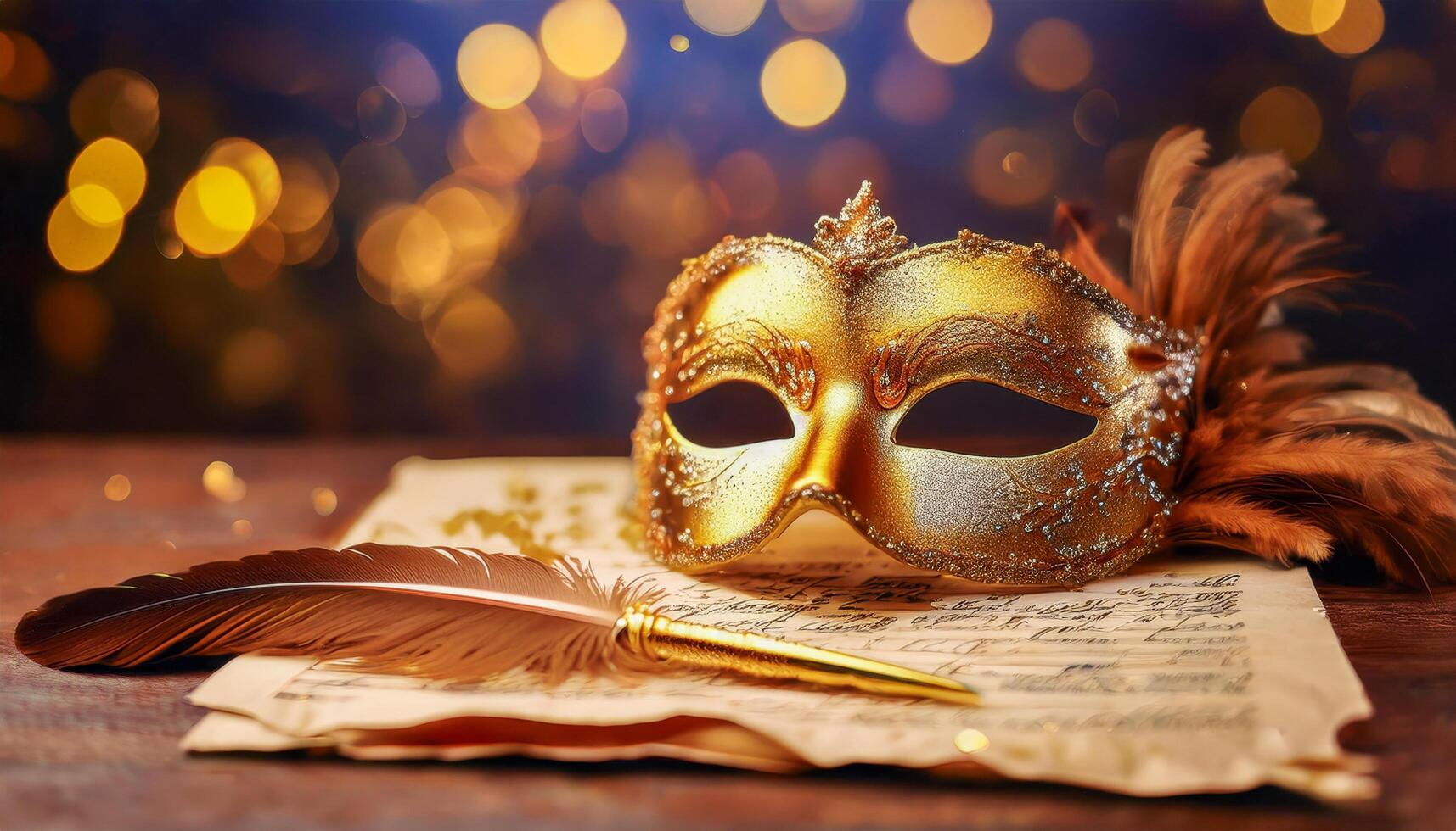 An ornate carnival mask with curling feathers rests on a worn theater script, beside a forgotten quill evoking the timeless bond between character, narrative, and performance. photo