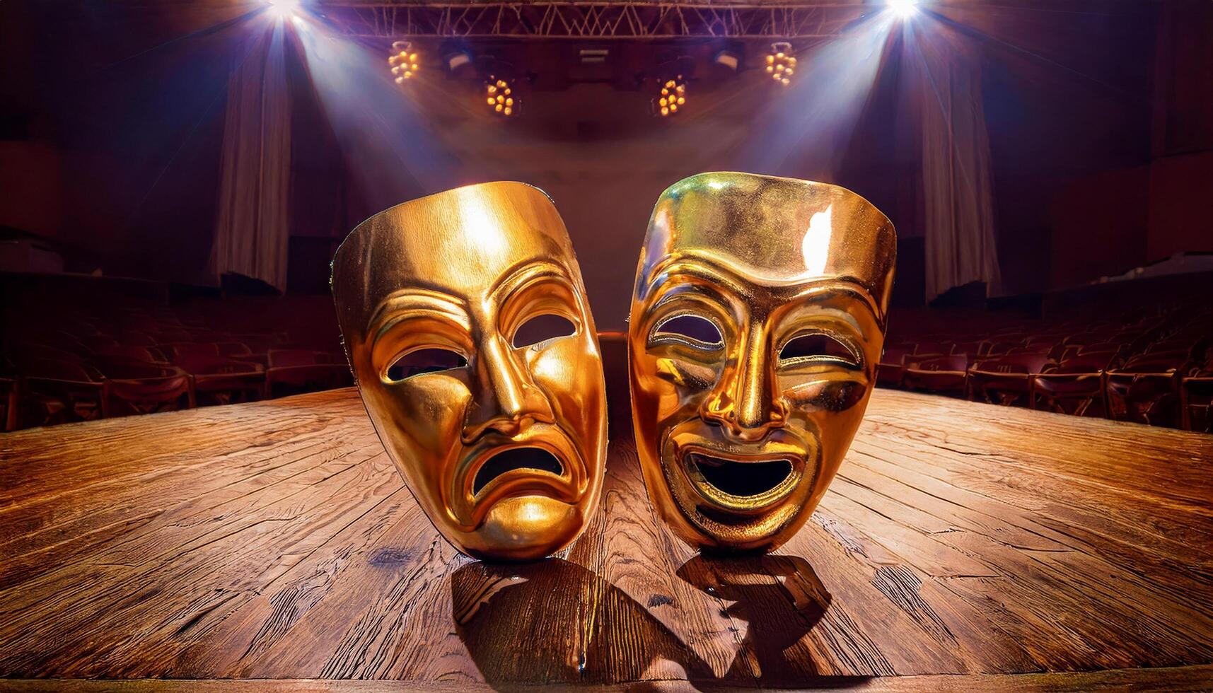 Two golden masks, one laughing, one weeping, rest on the timeworn wooden stage floor silent witnesses to countless performances and the raw emotion of theaters timeless expression. photo