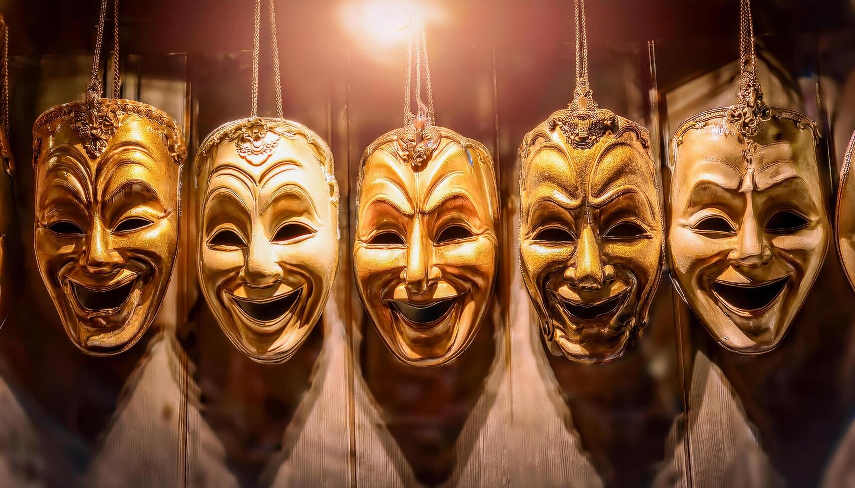 Backstage hangs a row of old theatrical masks, some with wide grins, others downturned in sadness each telling its own silent story in the language of theater photo