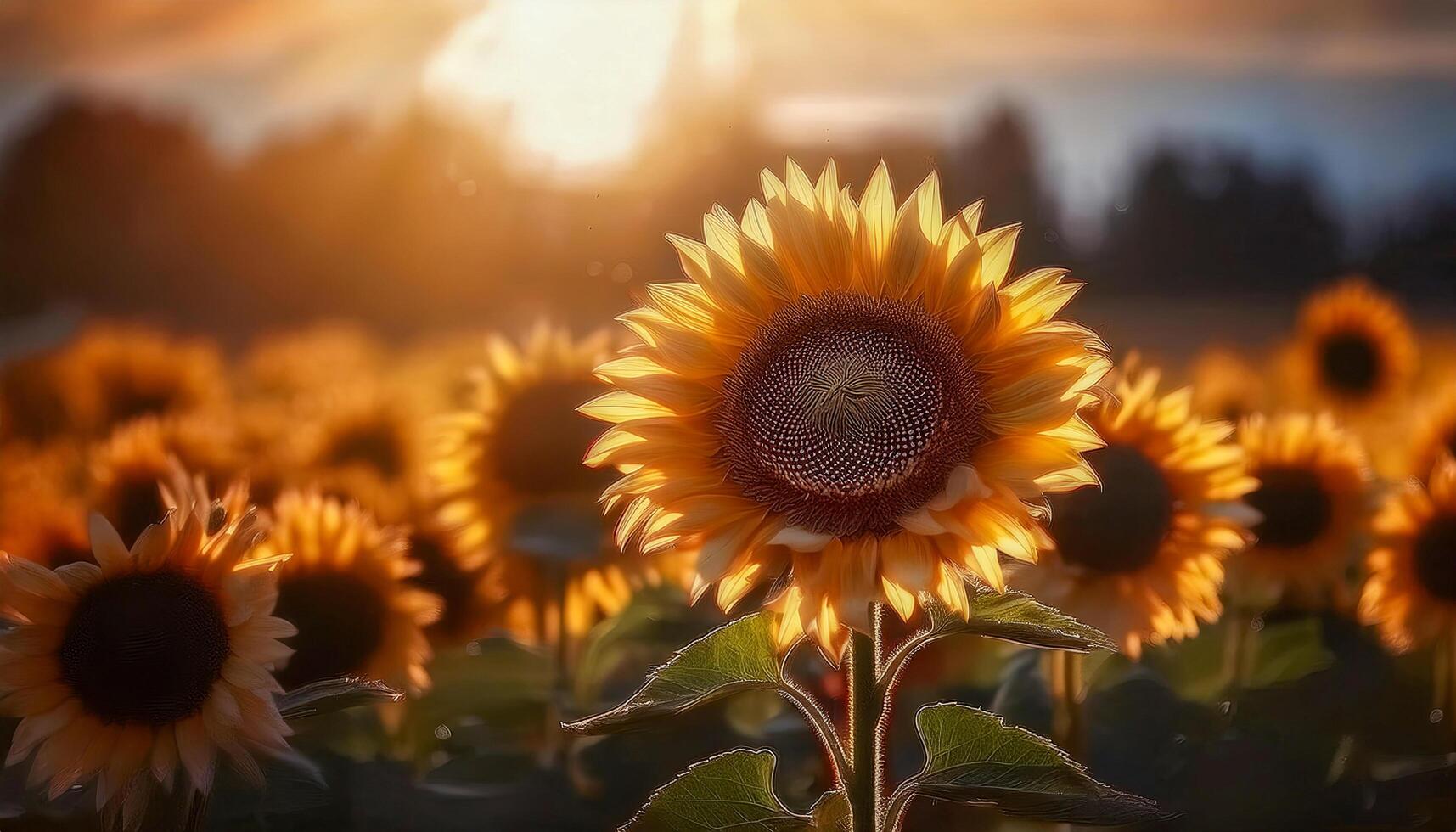 A close-up of a vibrant yellow sunflower in a field of sunflowers during the warm golden hour sunlight, showcasing its petals and seed head in a rural agricultural setting. photo