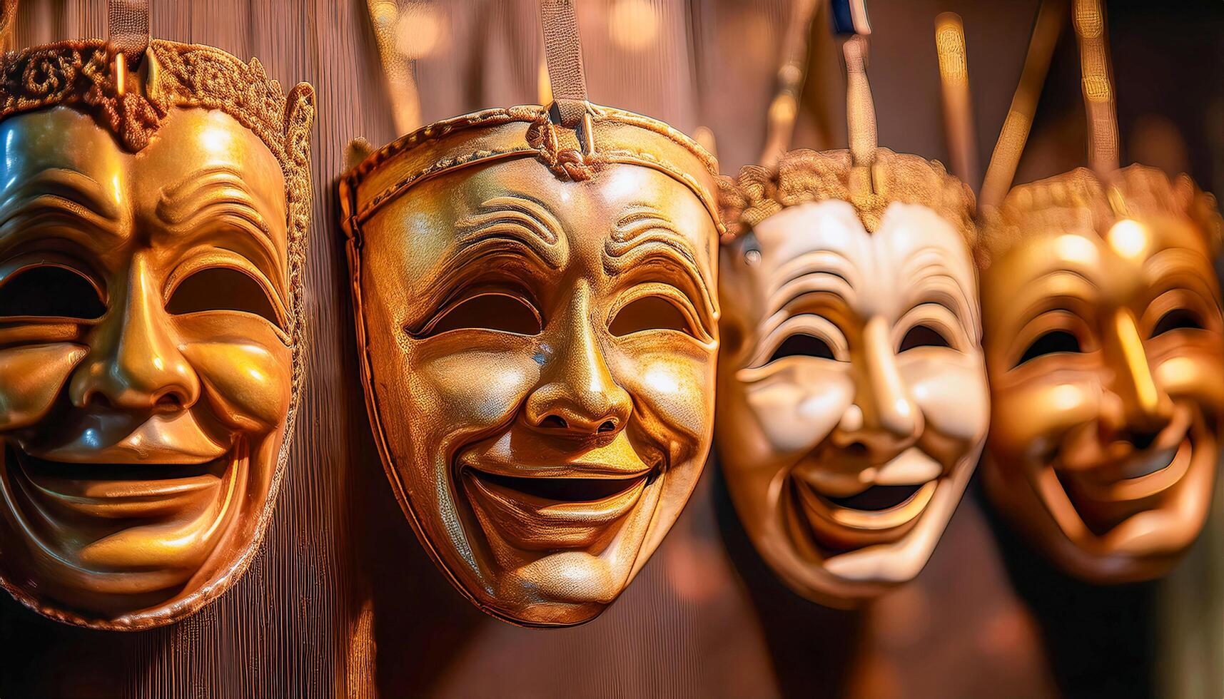 Four ornate theatrical comedy masks hanging closely together, depicting exaggerated smiling expressions in gold and white. Reflective surfaces. photo