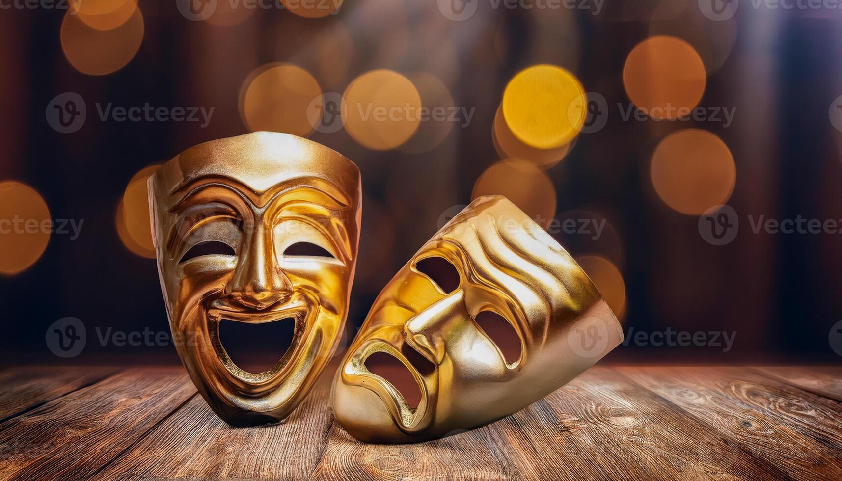 Two golden theatrical masks, one depicting comedy with a wide smile, the other tragedy with a downturned mouth, resting on a wooden surface with blurred golden bokeh lights in the background. photo