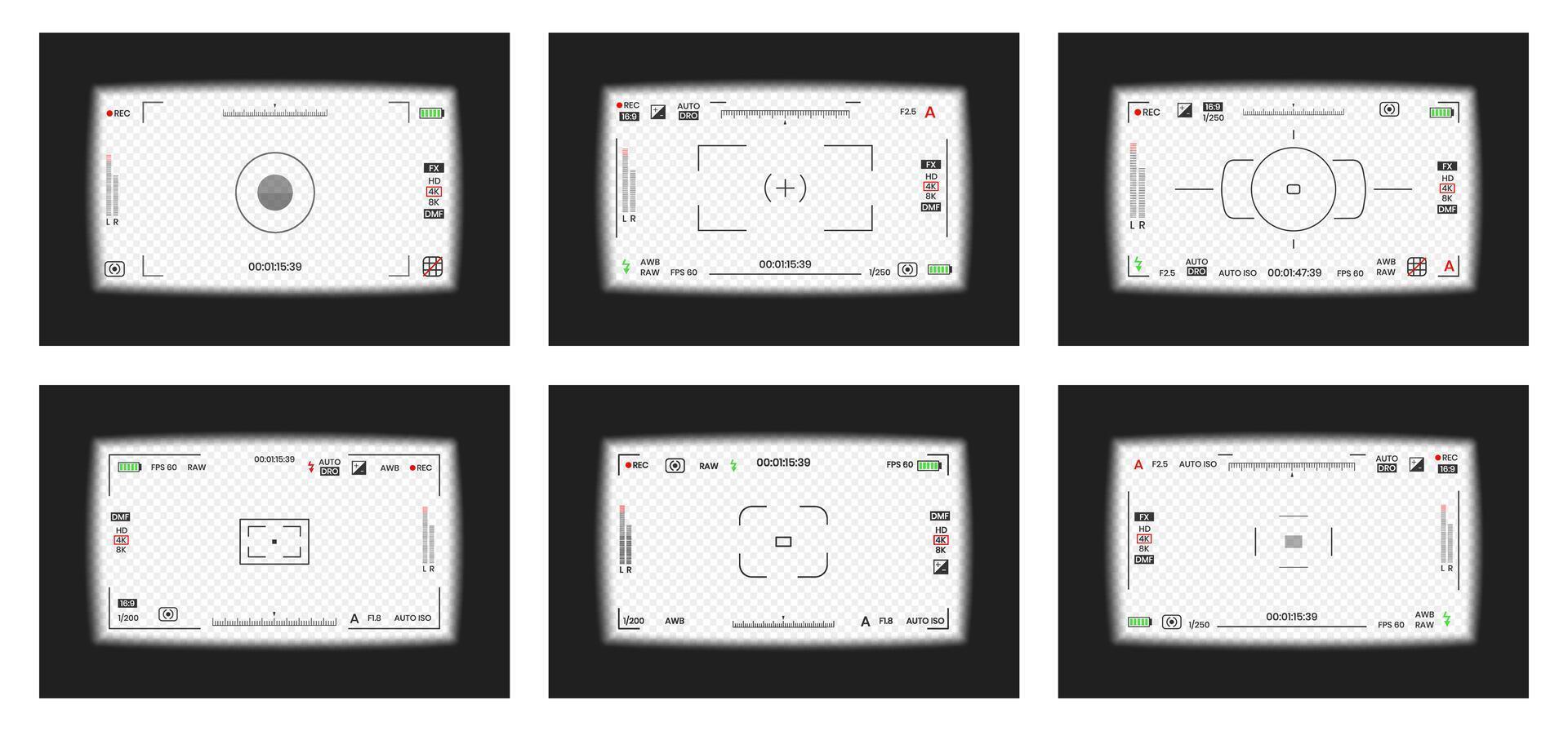 Camera viewfinder framer or photo frame recorder flat style design illustration set. vector
