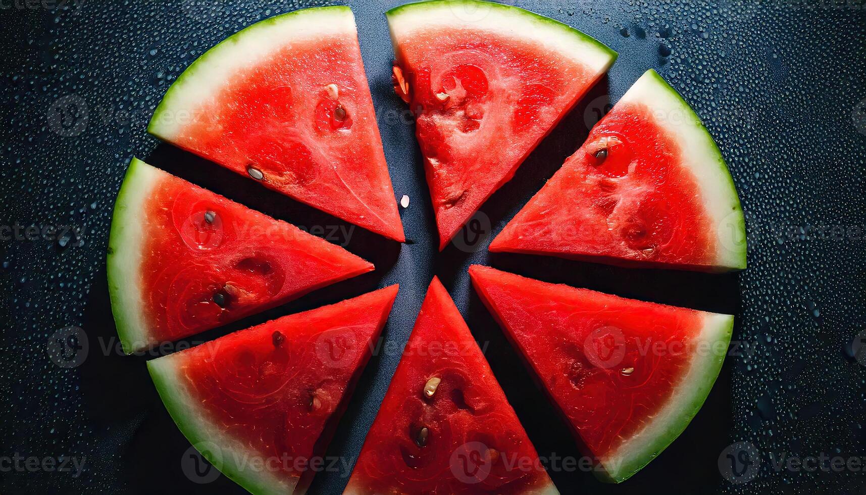 Juicy red watermelon wedges arranged in circle on dark textured background. photo