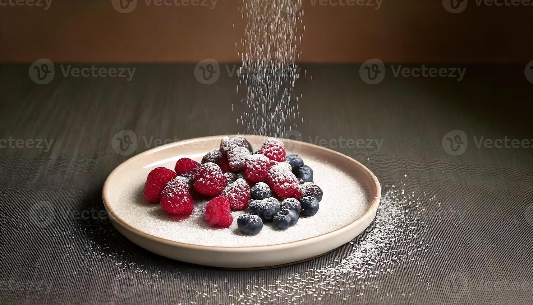 Fresh berries on white plate with powdered sugar dusting on rustic wooden table. photo