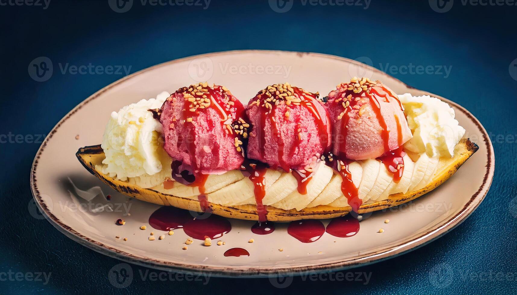 Banana split with vibrant scoops of pink ice cream and whipped cream drizzle photo