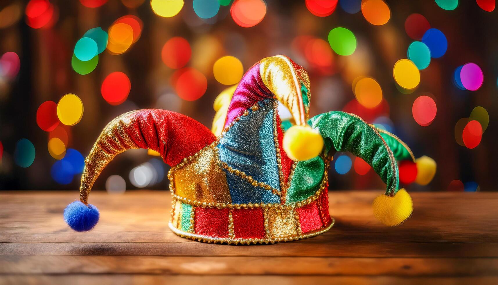 A vibrant jester's hat with pom-poms on a wooden surface, evoking a sense of mischief, fun, and laughter. photo