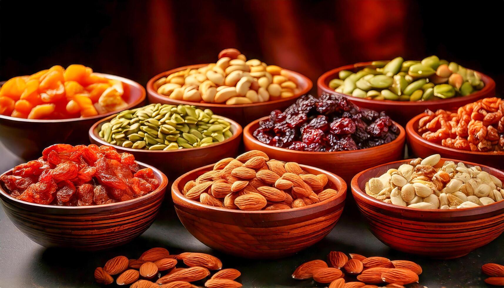 An assortment of nuts, dried fruits and seeds in small wooden bowls on a dark surface. Healthy and diverse snack selection. photo