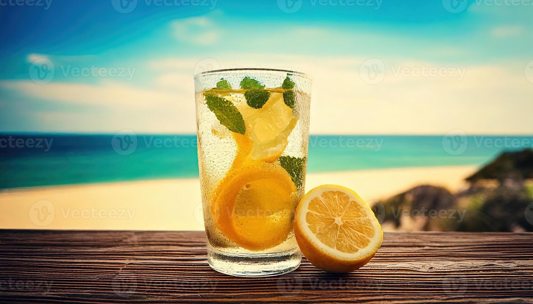 Refreshing lemonade with lemon and mint on a wooden table by the sea photo