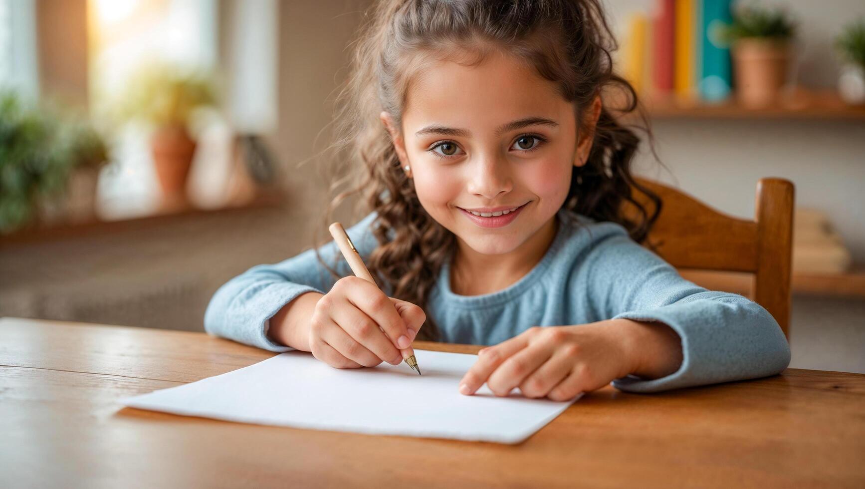 Little girl concentrating while writing in her notebook at a school desk in a bright cheerful classroom. photo