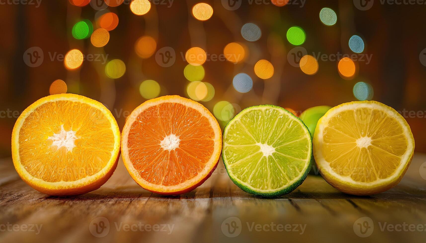 Citrus fruits sliced in half on rustic wooden table, bright vibrant tropical arrangement. photo