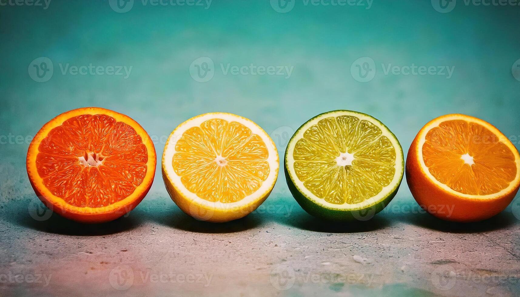 Fresh sliced citrus fruits on rustic table with bright colorful summer lighting. photo
