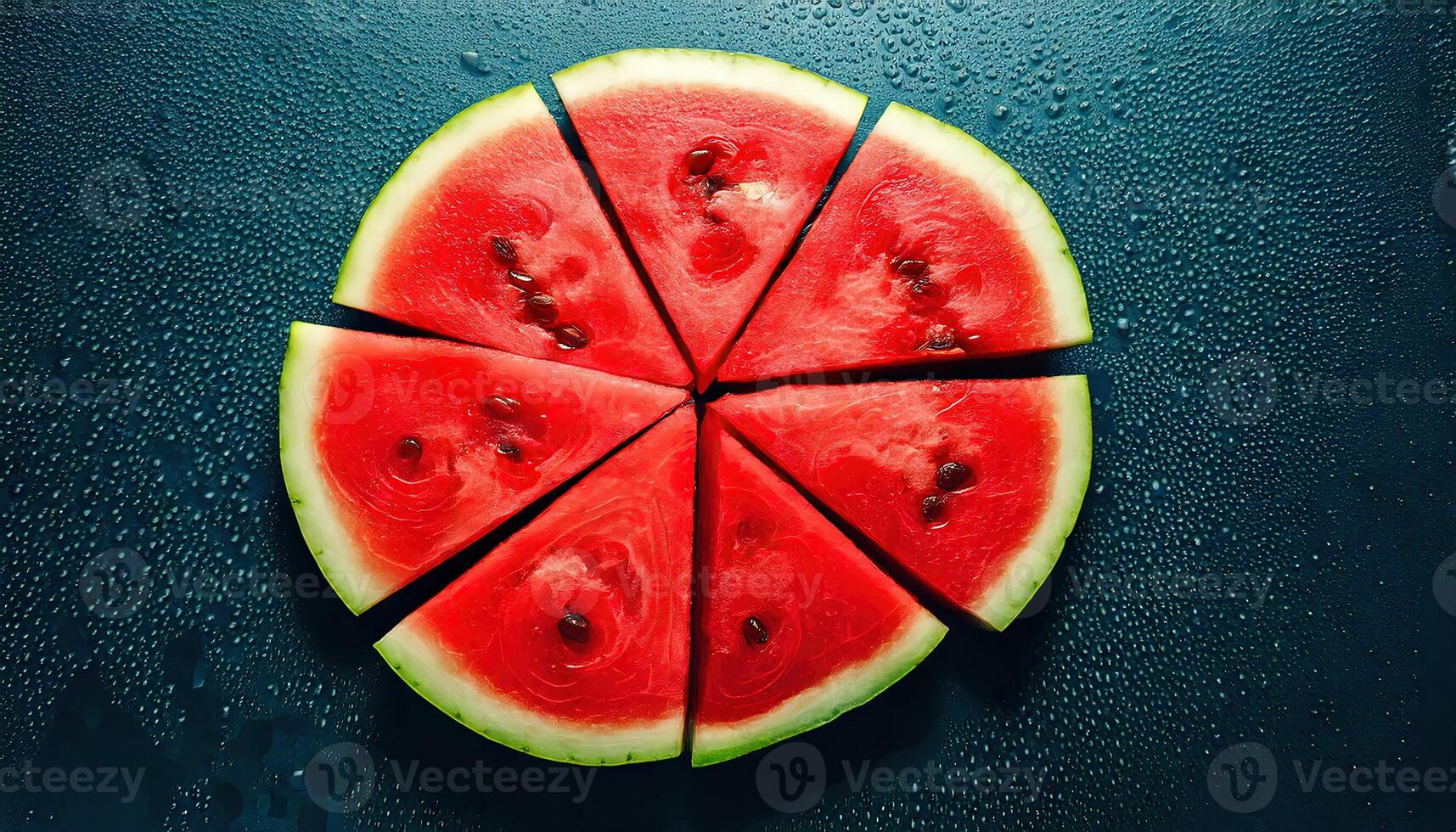 Round cut watermelon on dark rustic background with juicy texture and vivid red pulp. photo