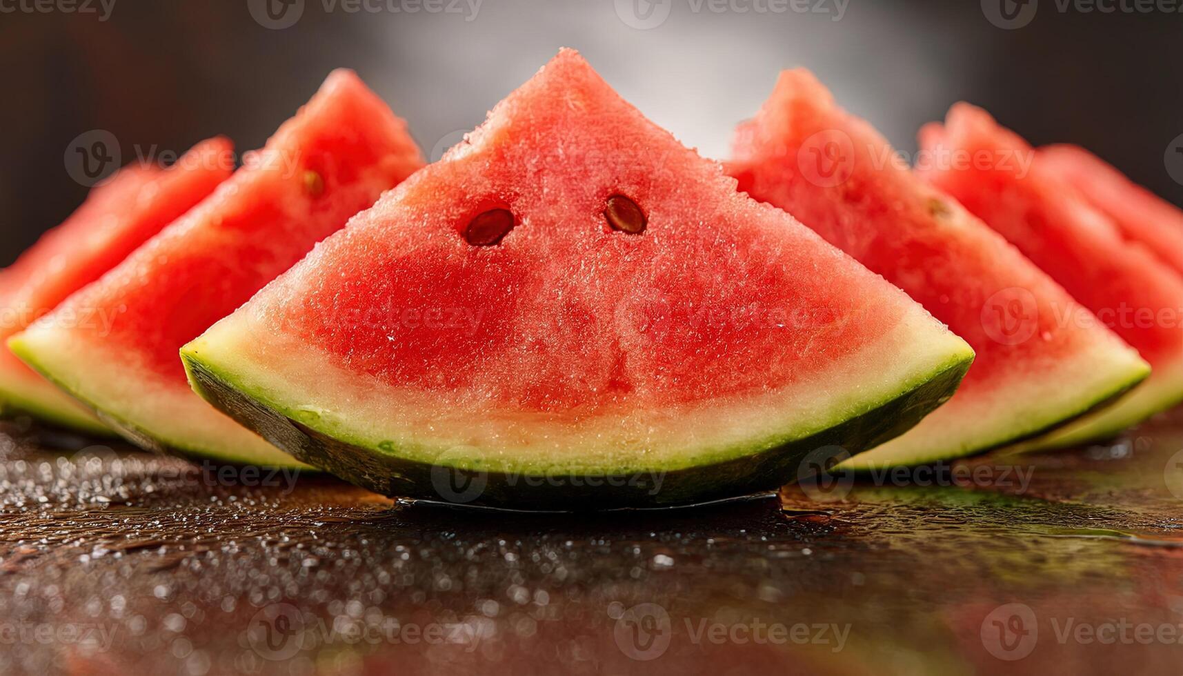 Closeup of sliced fresh watermelon wedges on rustic dark background with juicy texture. photo