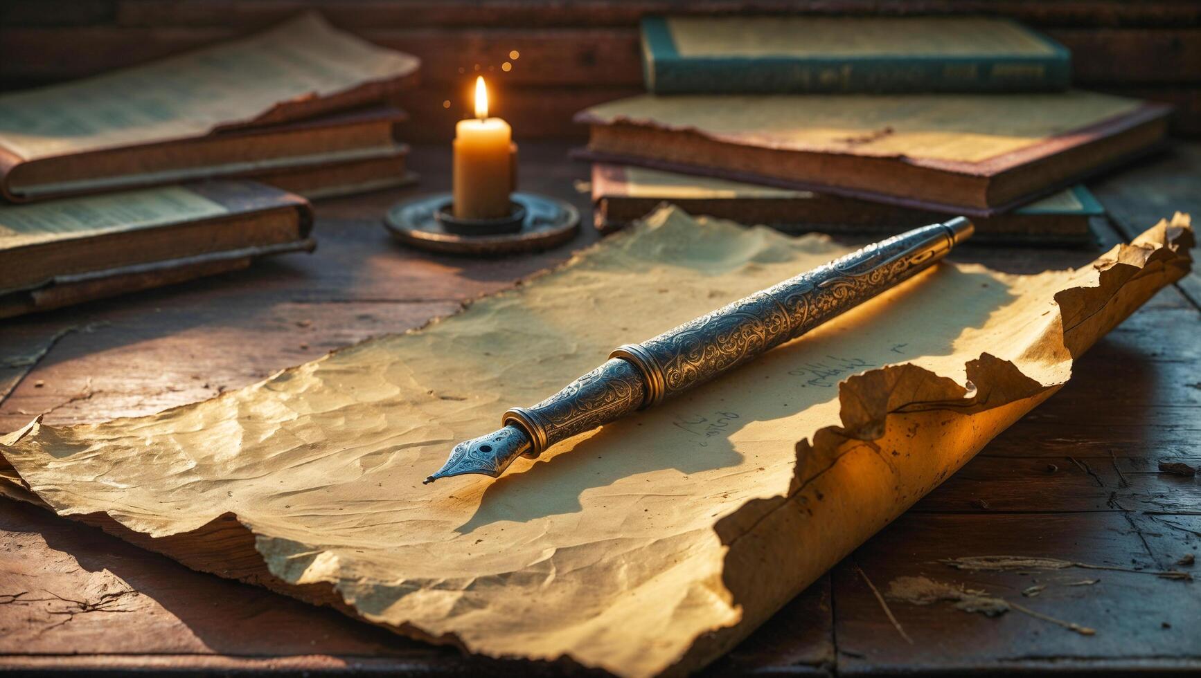Vintage desk scene with old parchment paper, dip pen, and candlelight creating an atmospheric writing environment. photo