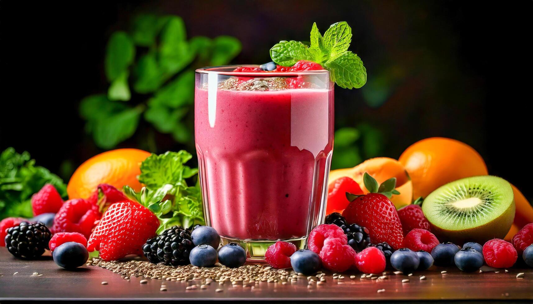 A vibrant berry blast smoothie in a glass, garnished with mint, surrounded by fresh strawberries, raspberries, blueberries, blackberries, kiwi, and oranges. Seeds scattered on a dark wooden surface. photo