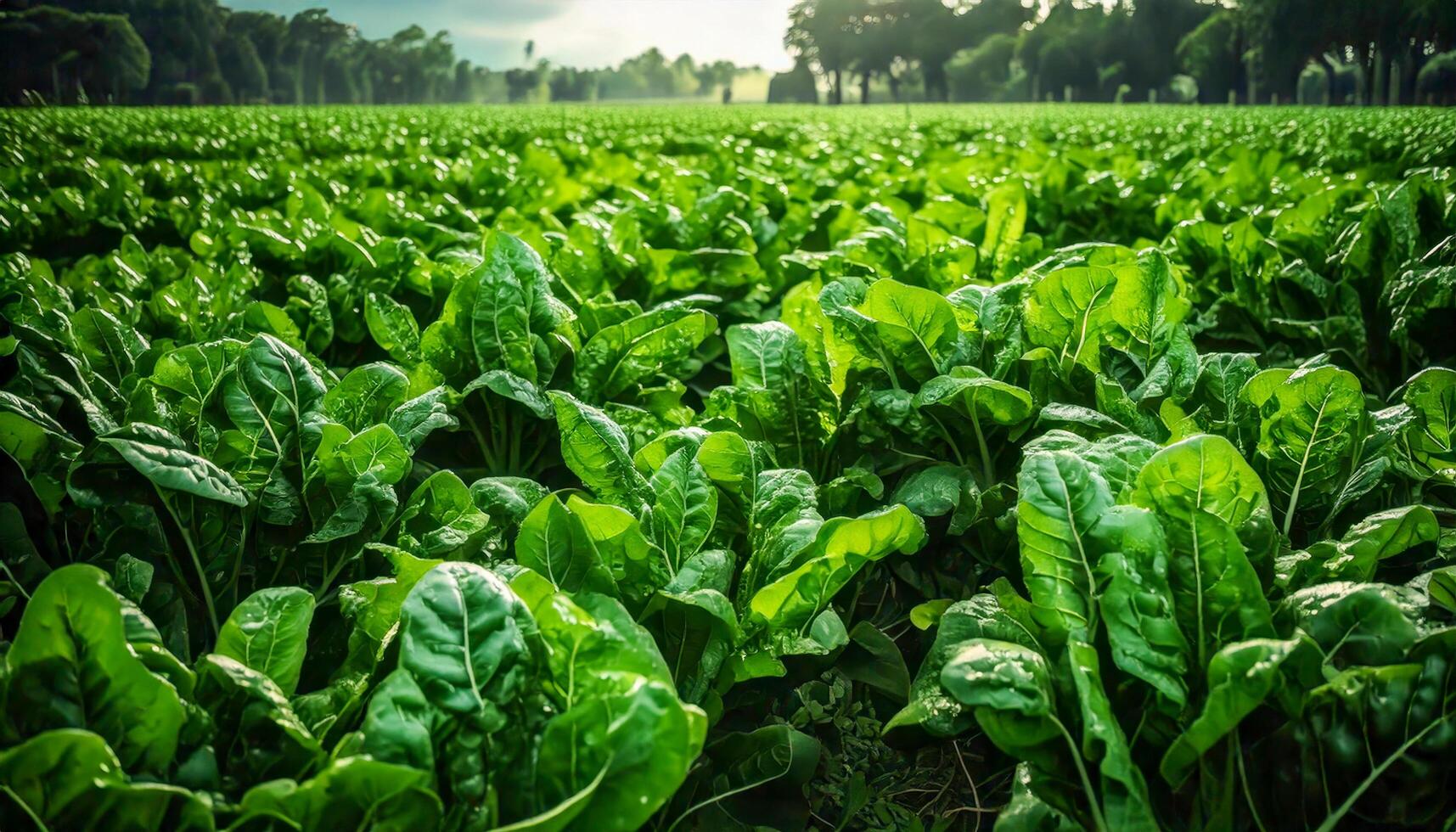 A lush field of spinach and lettuce grows under a bright sky, symbolizing healthy crops and abundant harvests in a rural landscape. photo