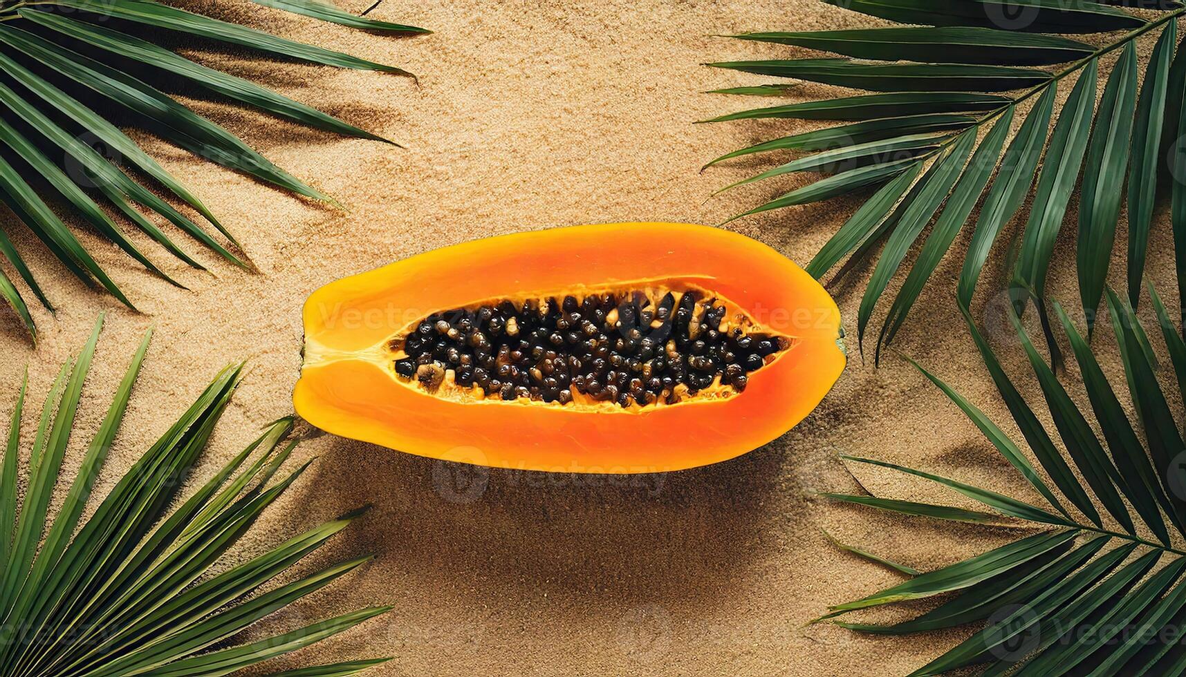 Fresh ripe papaya halves with seeds and tropical leaves on warm rustic table. photo